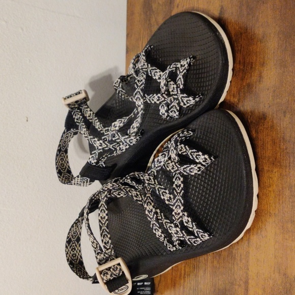 Chaco Black and White Sandals with Zigzag Straps - Picture 1 of 16